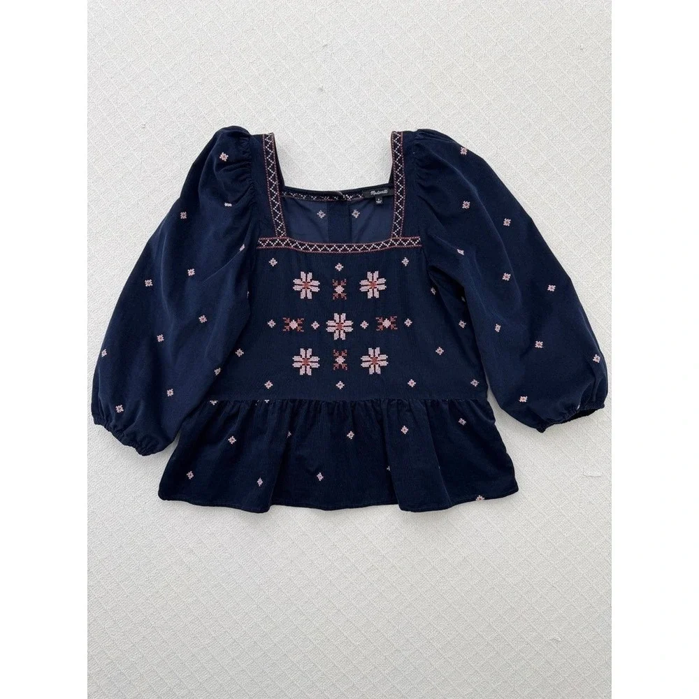 Madewell Embroidered Corduroy Button-Back Peplum Top Navy Puff Sleeve Small